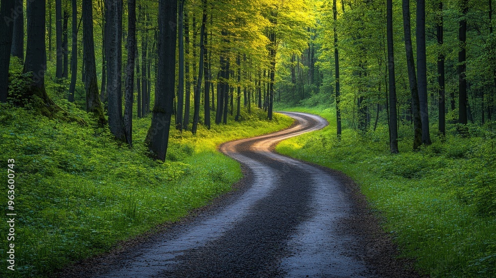 A high-resolution image of a calm forest scene with majestic tall trees and a winding path, showcasing the natural beauty and tranquility of the woodland environment