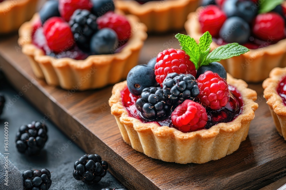 Mini berry tartlets topped with a variety of fresh berries and a mint leaf, displayed on a wooden board Mini berry tartlets topped with a variety of fresh berries and a mint leaf, displayed on a wooden board