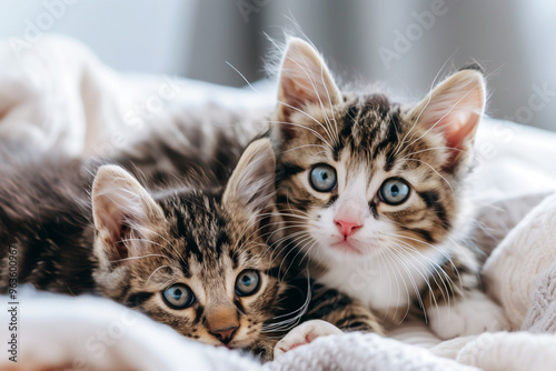 two little striped kittens playing together on bed