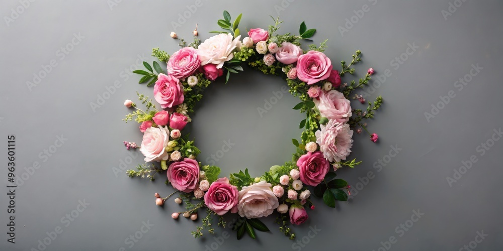 Floral wreath arrangement with pink flowers on gray background for valentines, mothers, and womens day celebrations
