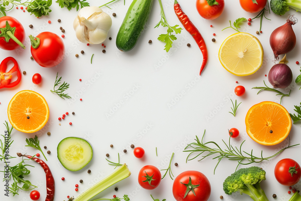 banner made of various vegetables and fruits isolated on white, top view banner made of various vegetables and fruits isolated on white, top view