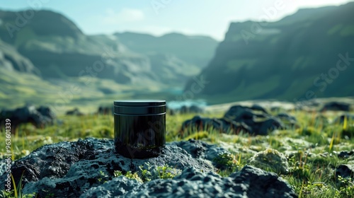 A black jar of liquid shilajit resin stands in a green meadow with black rocks in the background. In the background are lush Himalayan mountains and a bright sky. photo