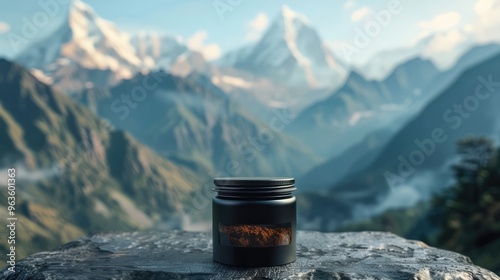 A black Jar of black liquid shilajit resin stands on a rocky surface, against a blurred mountain landscape in soft sunlight. Sunrise. Product advertisement.