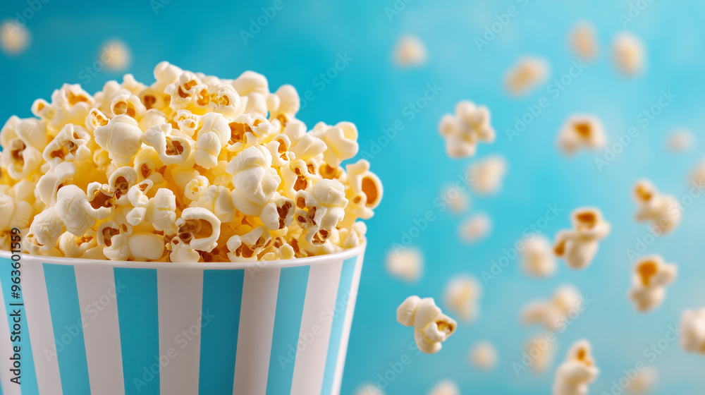 Popcorn in a striped container on a blue background Popcorn in a striped container on a blue background