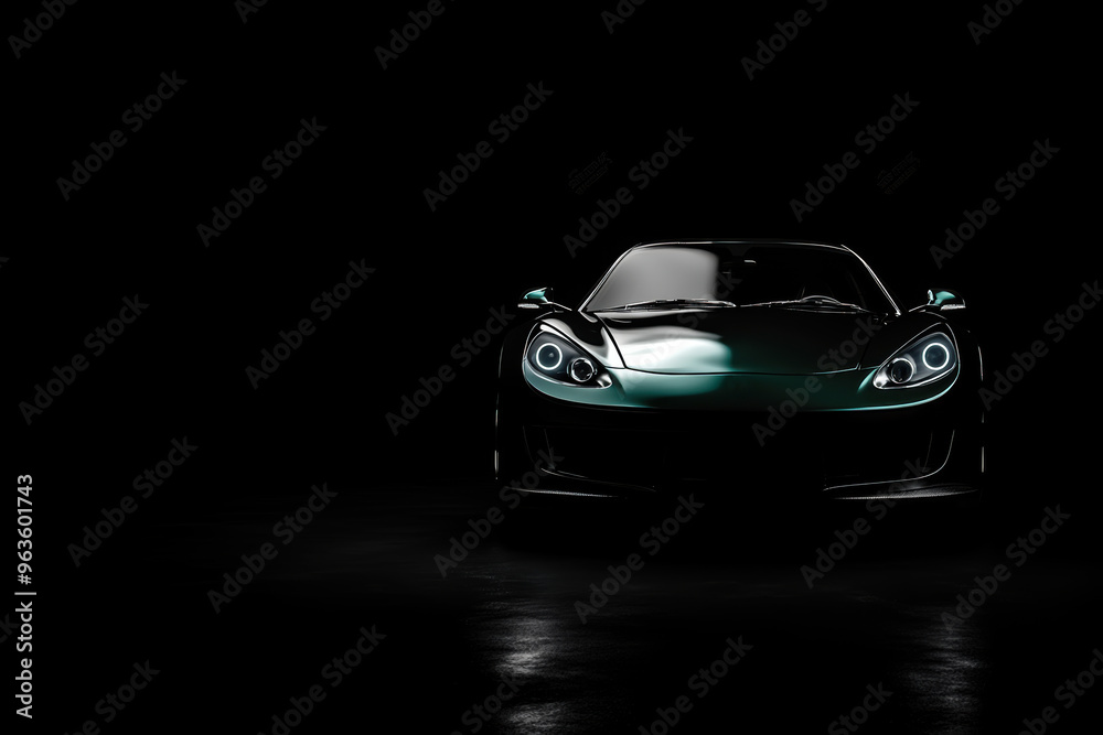 Fototapeta premium Front view of a generic and brandless model concept sports car, green, shiny room for copy, isolated on black
