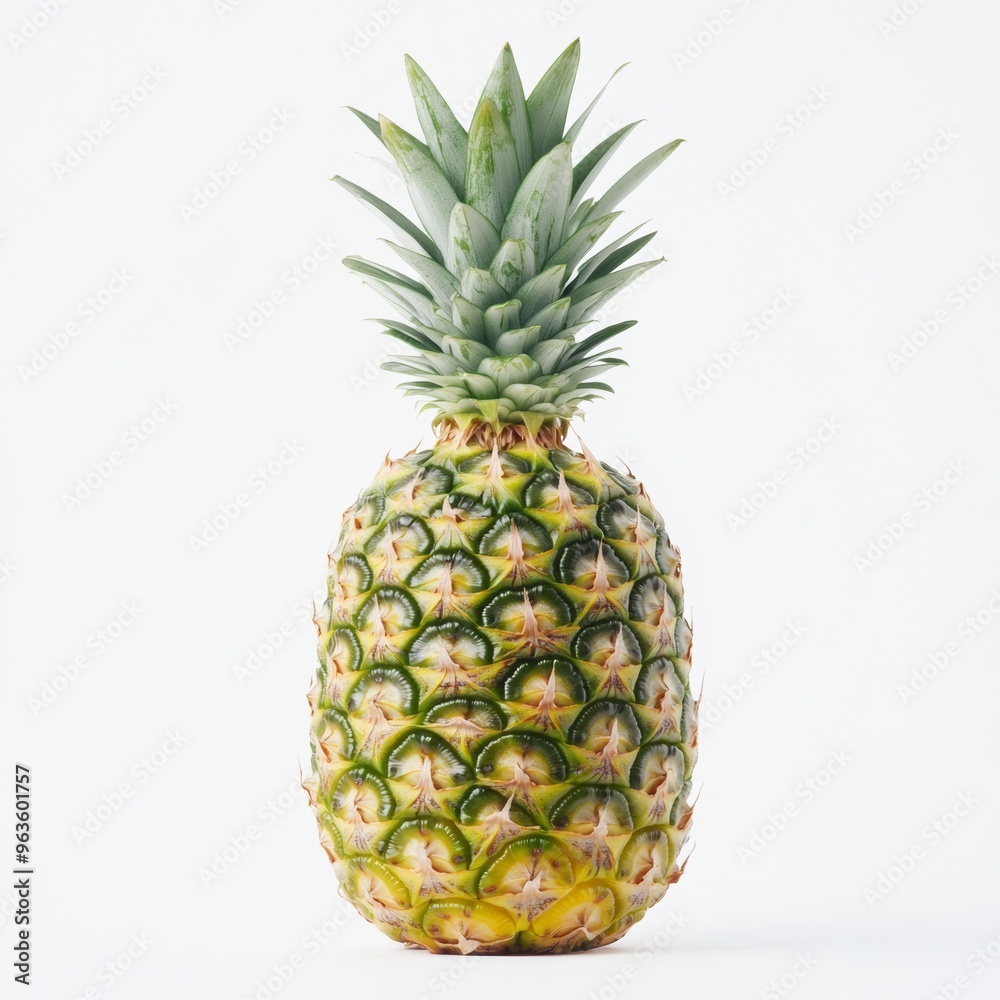 A whole pineapple with its textured, spiny surface, its green crown highlighted against a minimalistic white background A whole pineapple with its textured, spiny surface, its green crown highlighted against a minimalistic white background