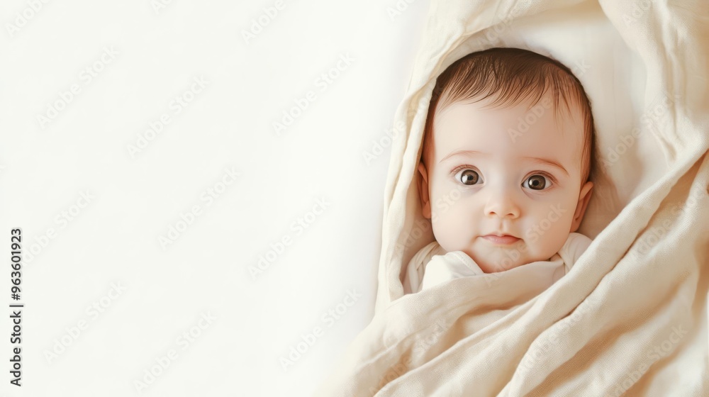 Adorable baby wrapped in a soft blanket, looking at the camera with wide eyes, on a white background. Adorable baby wrapped in a soft blanket, looking at the camera with wide eyes, on a white background.