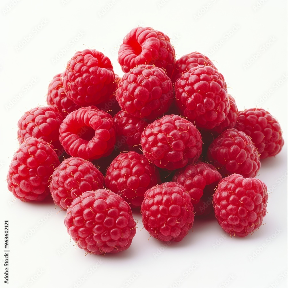 Bright red raspberries arranged in a neat pile, glistening against a plain white background Bright red raspberries arranged in a neat pile, glistening against a plain white background