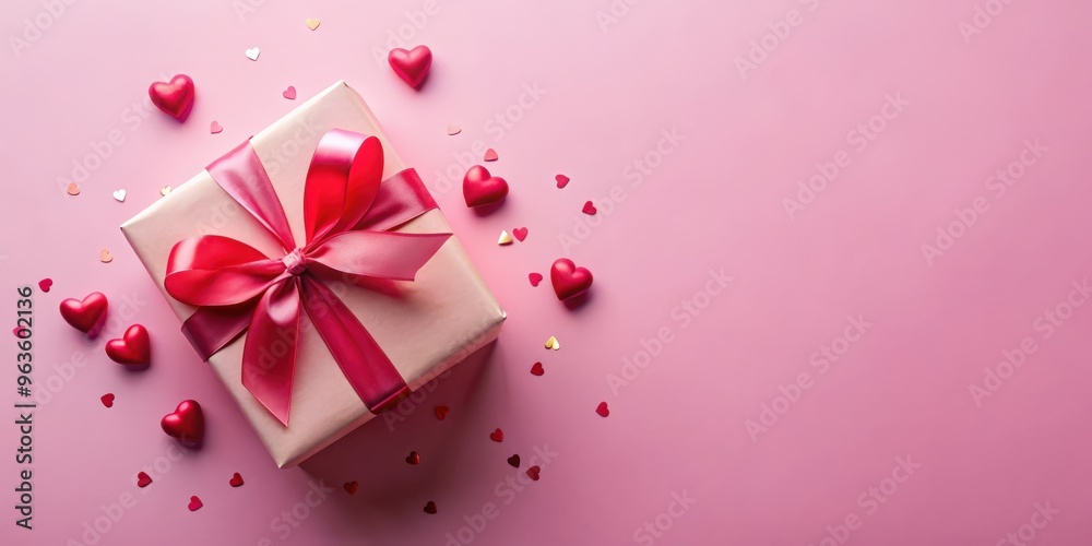 Pink gift box with red ribbon bow, hearts, and confetti on pastel pink background for Valentine's Day holiday celebration top view flat lay with copy space Pink gift box with red ribbon bow, hearts, and confetti on pastel pink background for Valentine's Day holiday celebration top view flat lay with copy space