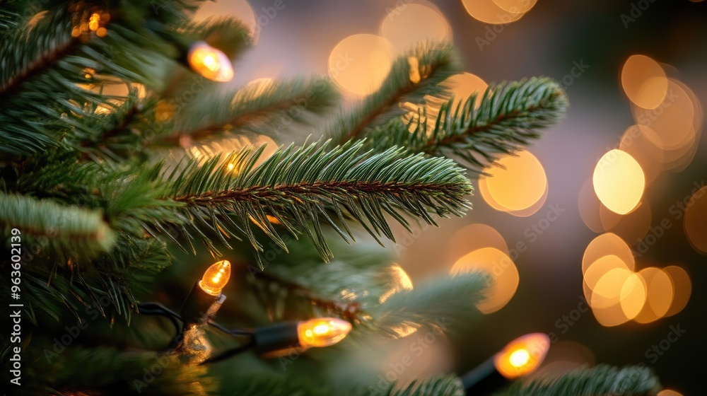 Close-Up of Holiday Tree Branch Adorned with Shimmering Bulbs and Twinkling Lights Close-Up of Holiday Tree Branch Adorned with Shimmering Bulbs and Twinkling Lights