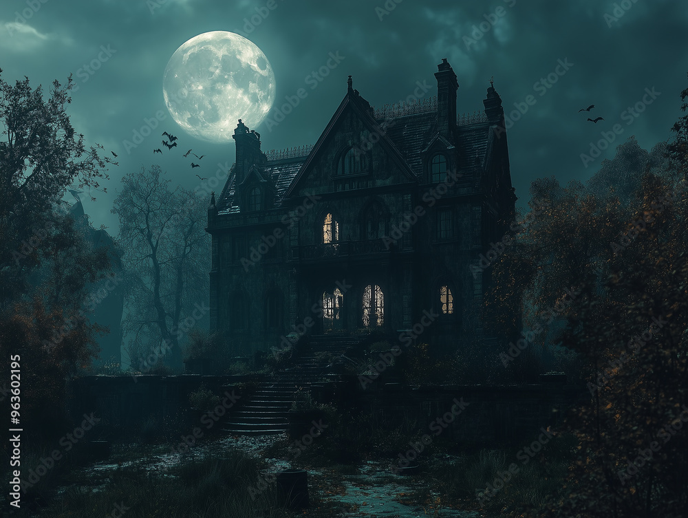Halloween. Spooky haunted house at night with full moon and bats flying Halloween. Spooky haunted house at night with full moon and bats flying