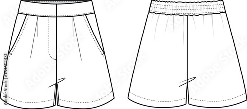 Women's Pleated Shorts. Technical fashion illustration. Front and back, white color. Women's CAD mock-up.
