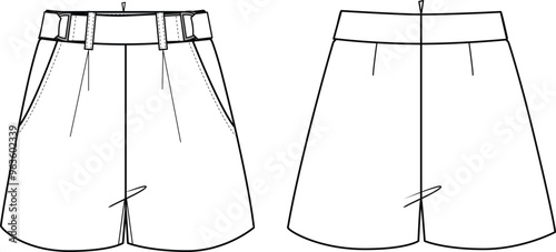 Women's Side Pockets Shorts. Technical fashion illustration. Front and back, white color. Women's CAD mock-up.