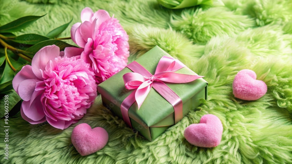 Romantic pink peony gift box with hearts on vintage green boa Romantic pink peony gift box with hearts on vintage green boa