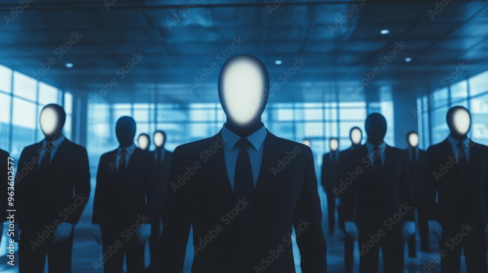Anonymous faceless individuals in suits standing in a dimly lit modern office, representing corporate anonymity and conformity. Anonymous faceless individuals in suits standing in a dimly lit modern office, representing corporate anonymity and conformity.