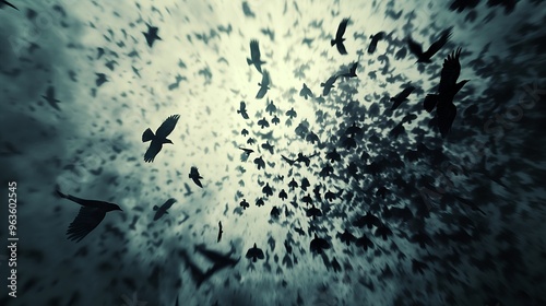 A flock of ravens fly in a dark cloudy sky with a radial blur effect.