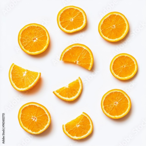 Freshly cut slices of orange arranged in a circular pattern on a white background photo