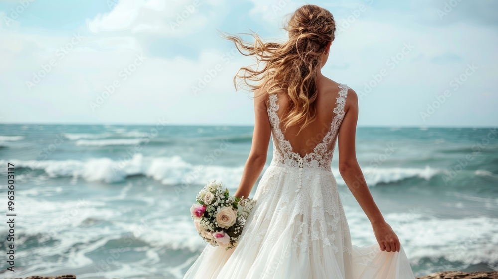 Bride with a bouquet of flowers in a white wedding dress, standing on a rock by the sea, with her hair flowing in the wind and the beautiful ocean scenery. Bride with a bouquet of flowers in a white wedding dress, standing on a rock by the sea, with her hair flowing in the wind and the beautiful ocean scenery.
