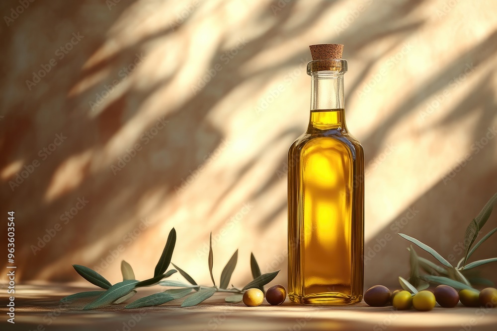 Olive Oil Bottle and Fresh Olives Detail