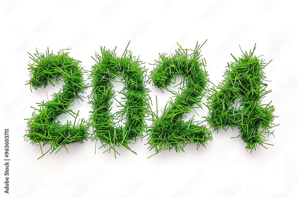 inscription 2024 made of green grass of plants, isolated on white inscription 2024 made of green grass of plants, isolated on white