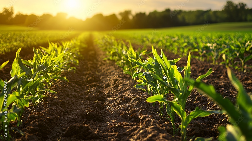 Rows of young corn plants in a field at sunset. Rows of young corn plants in a field at sunset.