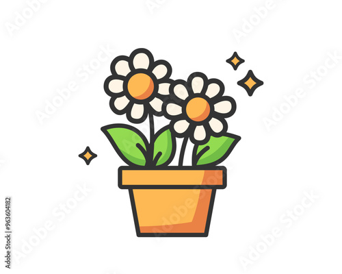 Bright daisies in a pot. Summer or spring season, magic, sparkles, freshness, nature symbol. Flat colored vector illustration isolated.