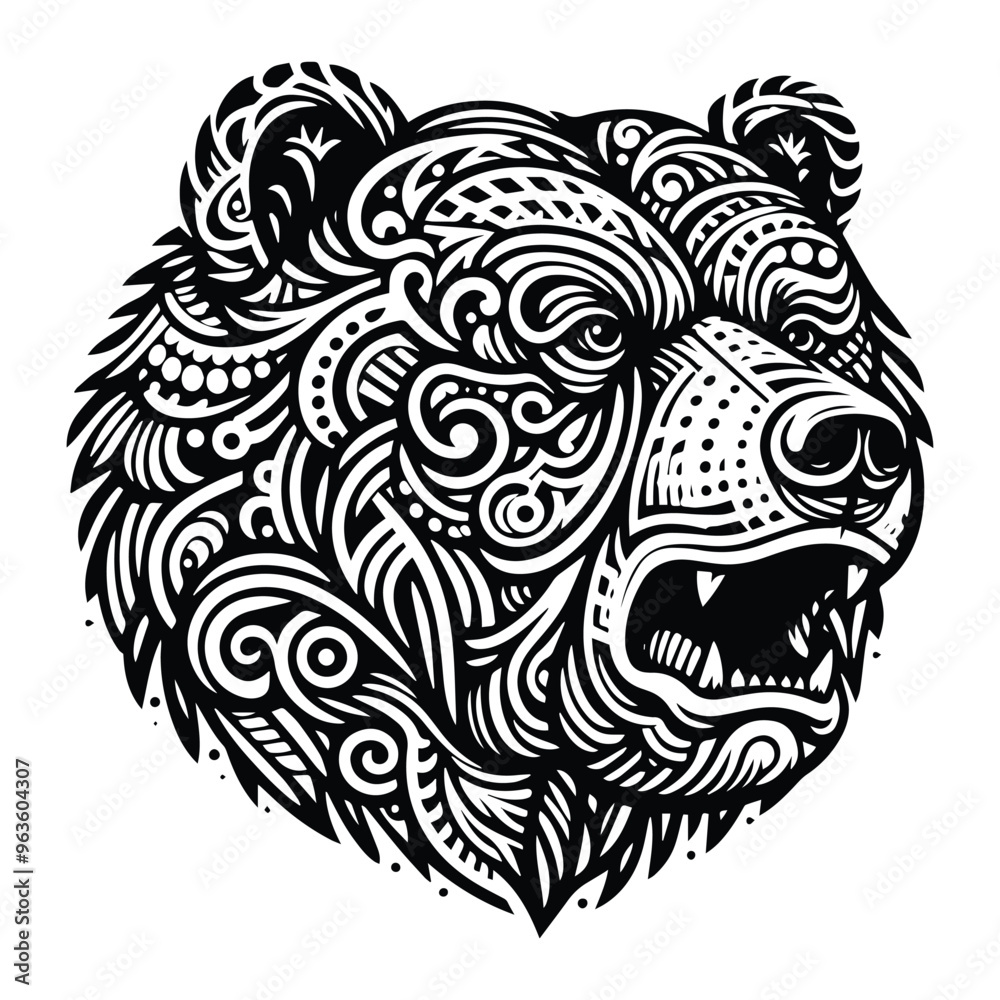 Obraz premium grizzly bear in zentangle art, stencil logo, black and white animal illustration