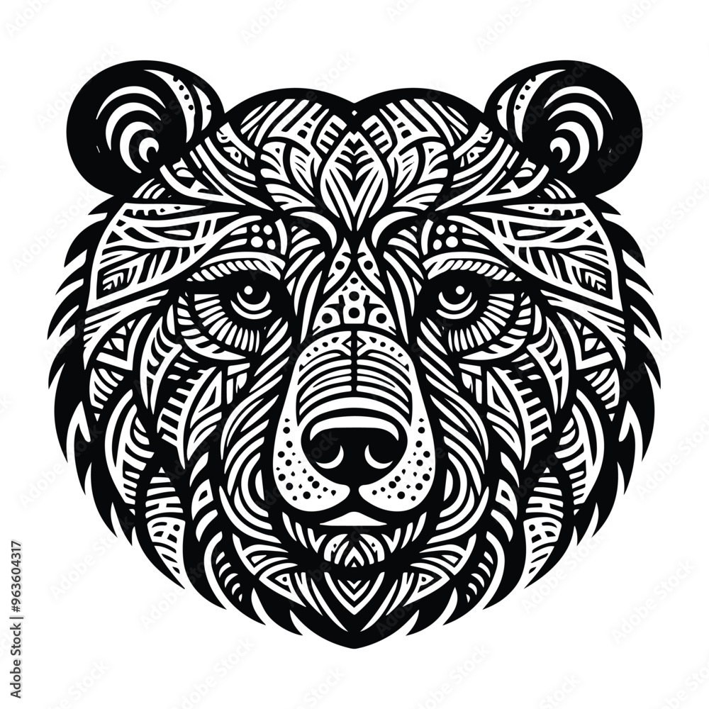 Fototapeta premium grizzly bear in zentangle art, stencil logo, black and white animal illustration