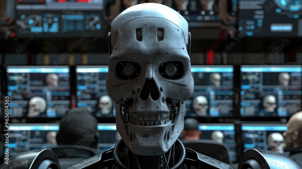 In a dark bunker, an automaton inspects computer screens while hackers bypass encryption in a dark corner. In a dark bunker, an automaton inspects computer screens while hackers bypass encryption in a dark corner.