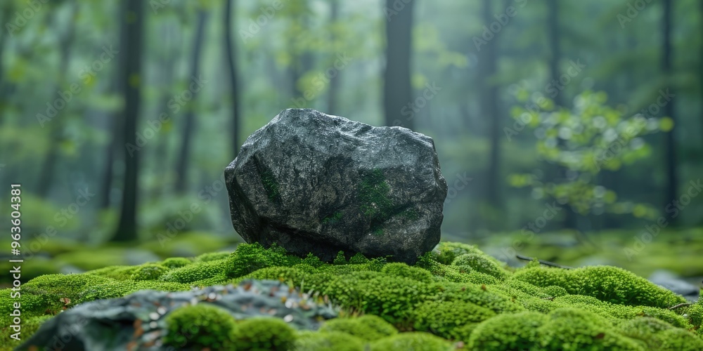 Stone with lichen on mossy ground in a close-up, with a blurred forest environment and patches of sunlight filtering through the trees. Stone with lichen on mossy ground in a close-up, with a blurred forest environment and patches of sunlight filtering through the trees.