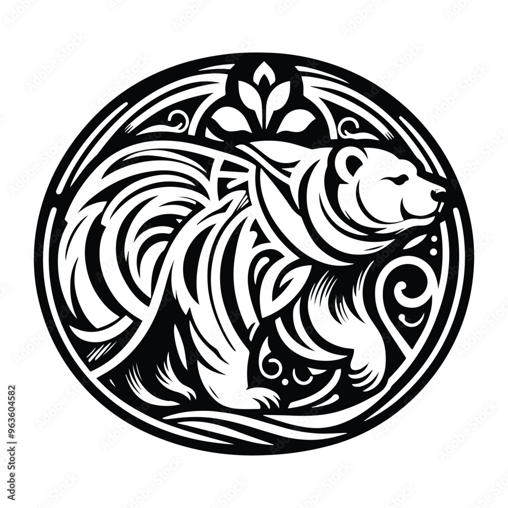 grizzly bear with art nouveau decoration, stencil logo, black and white animal illustration grizzly bear with art nouveau decoration, stencil logo, black and white animal illustration