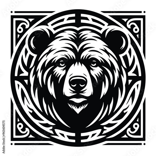 grizzly bear with art nouveau decoration, stencil logo, black and white animal illustration