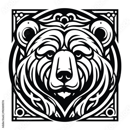 grizzly bear with art nouveau decoration, stencil logo, black and white animal illustration