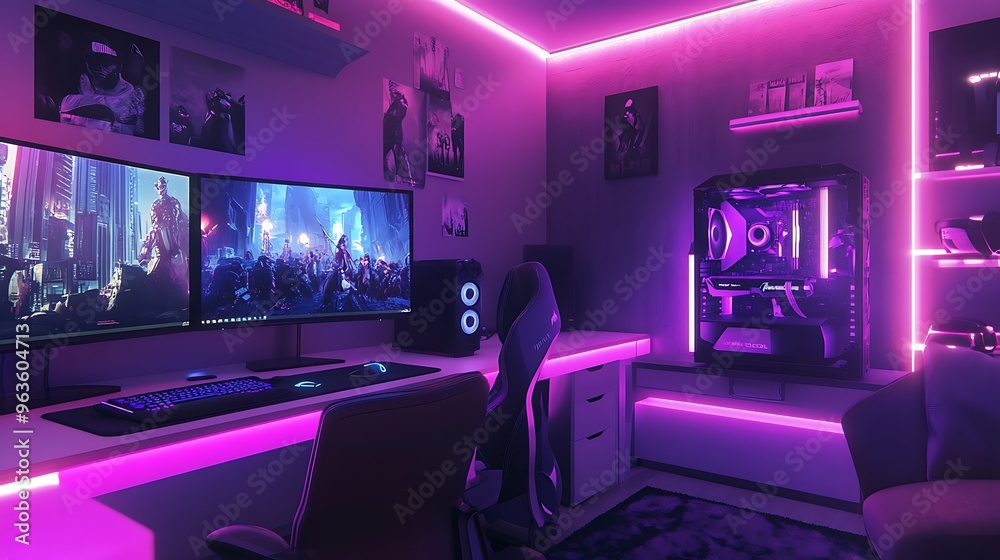 Modern Gaming Room with Neon Lights and Futuristic Decor Modern Gaming Room with Neon Lights and Futuristic Decor
