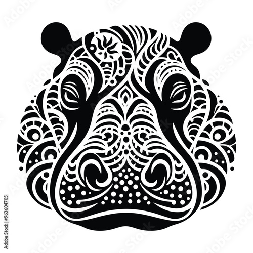 Hippo in zentangle art, stencil logo, black and white animal illustration