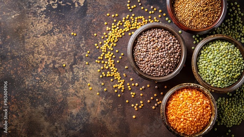 Multicolored lentils in bowls on a brown background, yellow and brown, green and orange lentils, healthy legumes, top view, copy space -