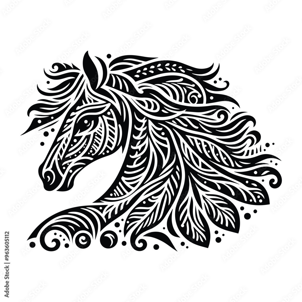 Horse in zentangle art, stencil logo, black and white animal illustration