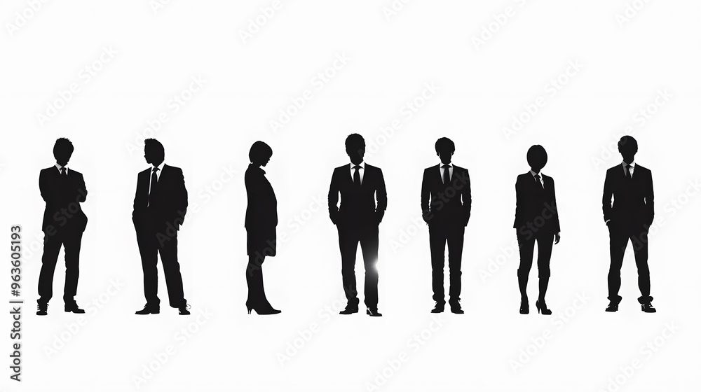 Silhouettes of Seven People in Business Attire Standing in a Row Silhouettes of Seven People in Business Attire Standing in a Row