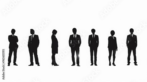 Silhouettes of Seven People in Business Attire Standing in a Row