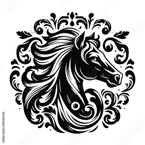 Horse with victorian flourish decoration, stencil logo, black and white animal illustration