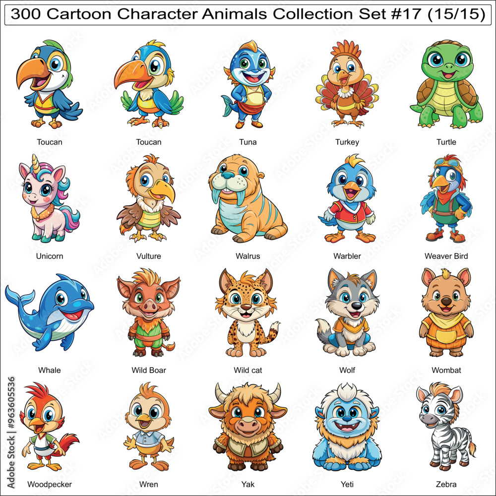 Obraz premium Cartoon Character Animals Collection Set of 300 Isolated Animals Part 15