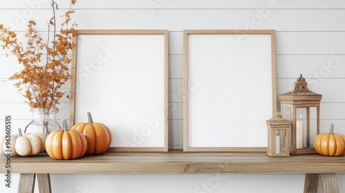 Two Empty Frames, Pumpkins and Lanterns on a Wooden Table photo