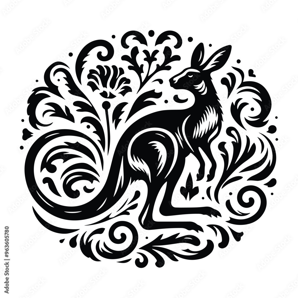 Fototapeta premium Kangaroo with victorian flourish decoration, stencil logo, black and white animal illustration