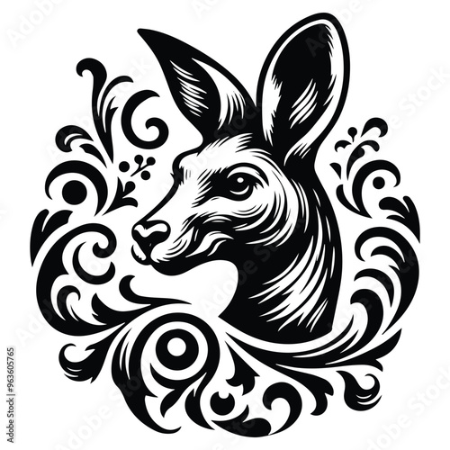 Wallpaper Mural Kangaroo with victorian flourish decoration, stencil logo, black and white animal illustration Torontodigital.ca