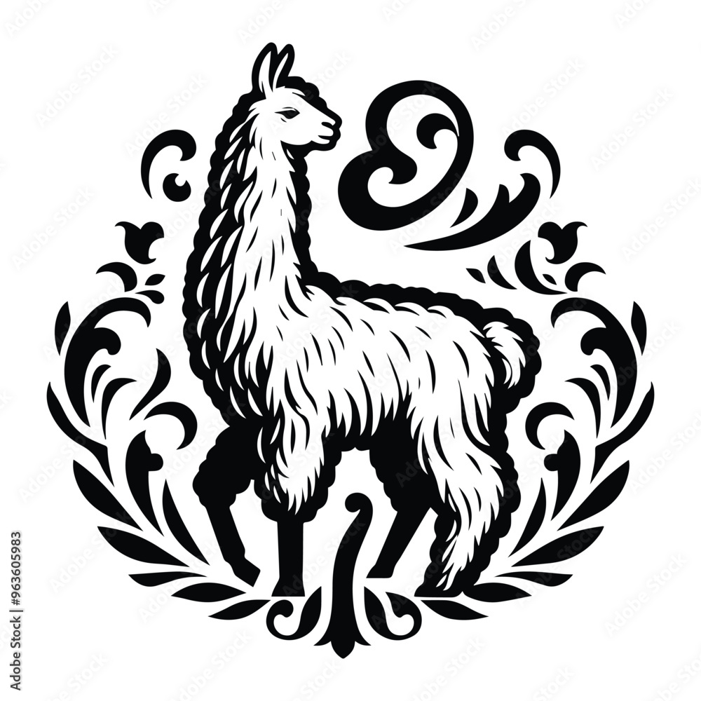 Fototapeta premium Llama with victorian flourish decoration, stencil logo, black and white animal illustration