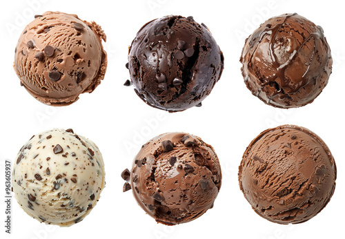 Ice cream chocolate chip collection top view isolated background