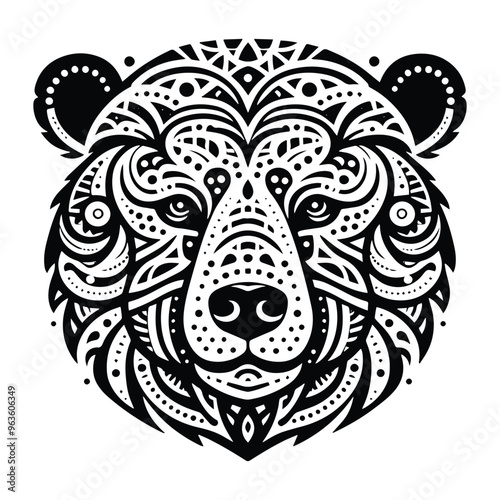 Polar bear in zentangle art, stencil logo, black and white animal illustration