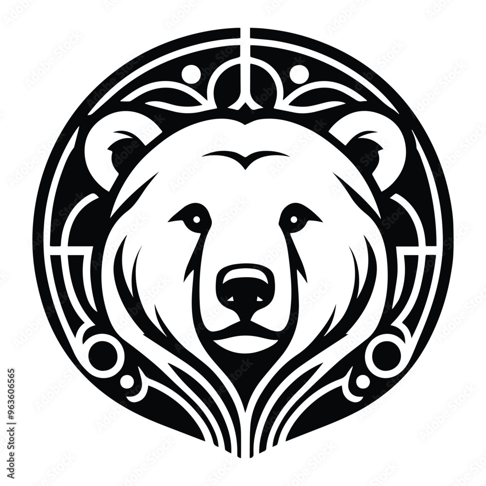 Polar bear with art nouveau decoration, stencil logo, black and white animal illustration Polar bear with art nouveau decoration, stencil logo, black and white animal illustration