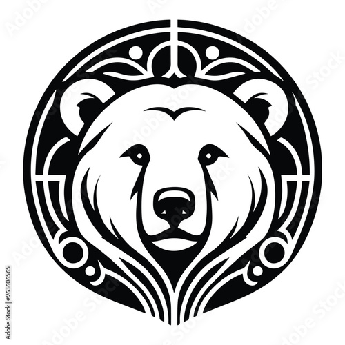 Polar bear with art nouveau decoration, stencil logo, black and white animal illustration