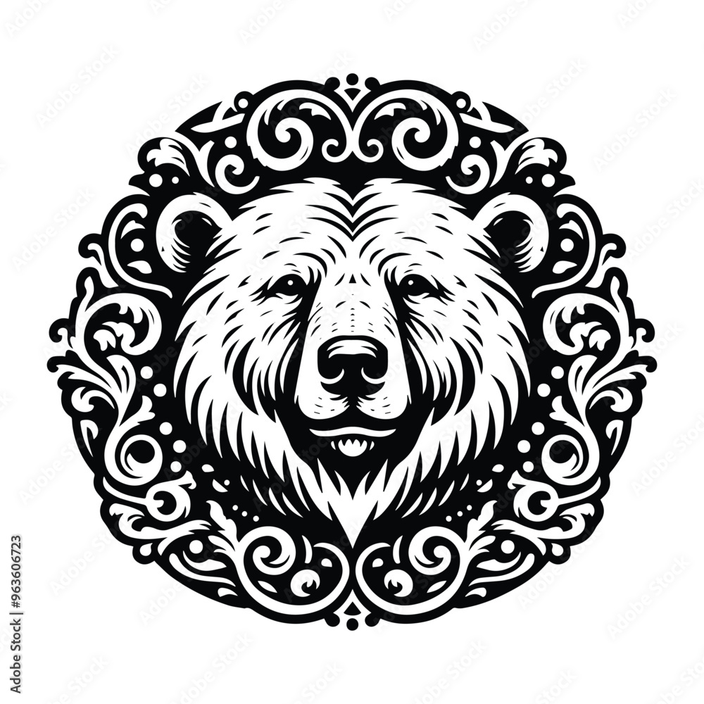 Polar bear with victorian flourish decoration, stencil logo, black and white animal illustration